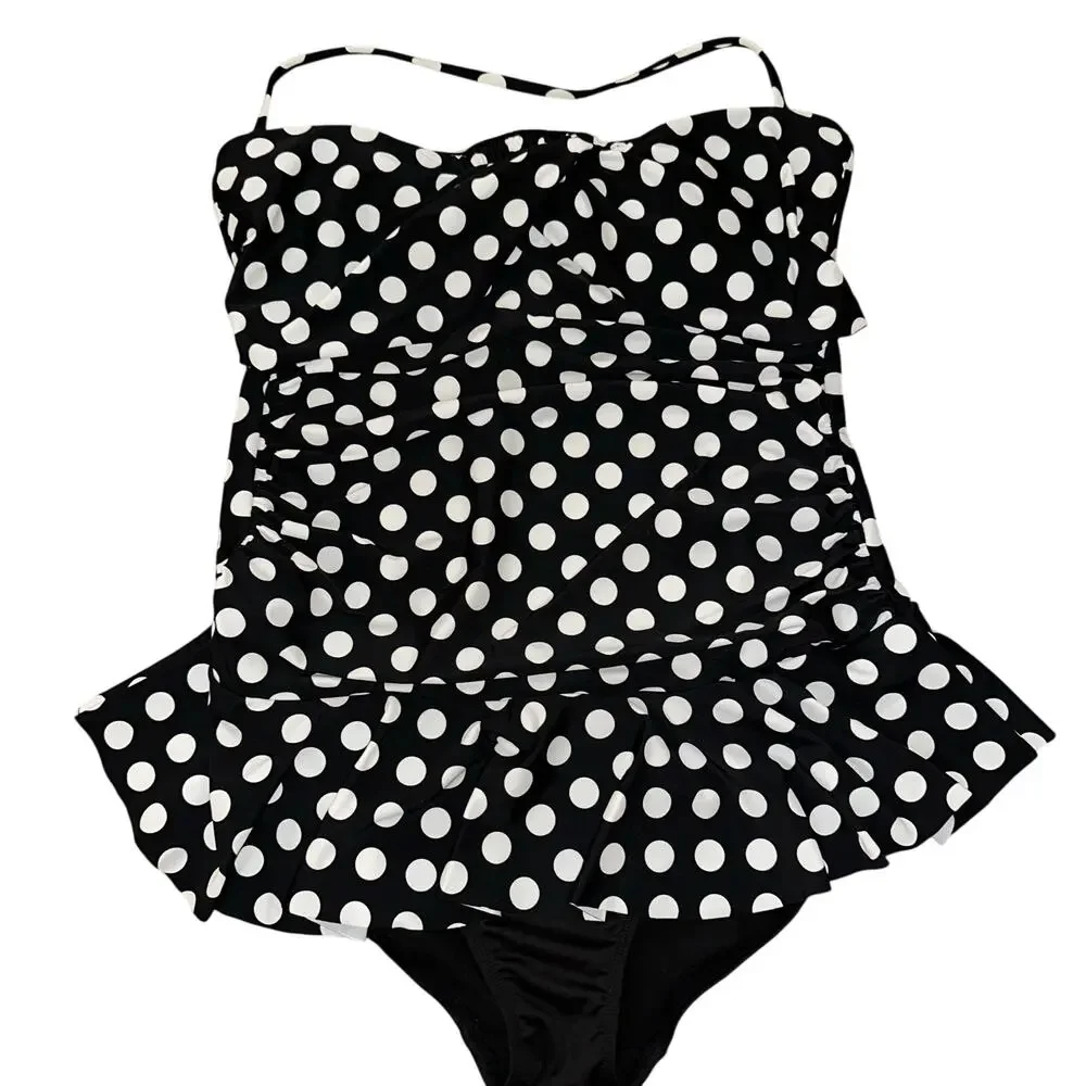 Ralph Lauren One Piece Swimsuit ruffle Size 14 Black White Polka Dot Halter